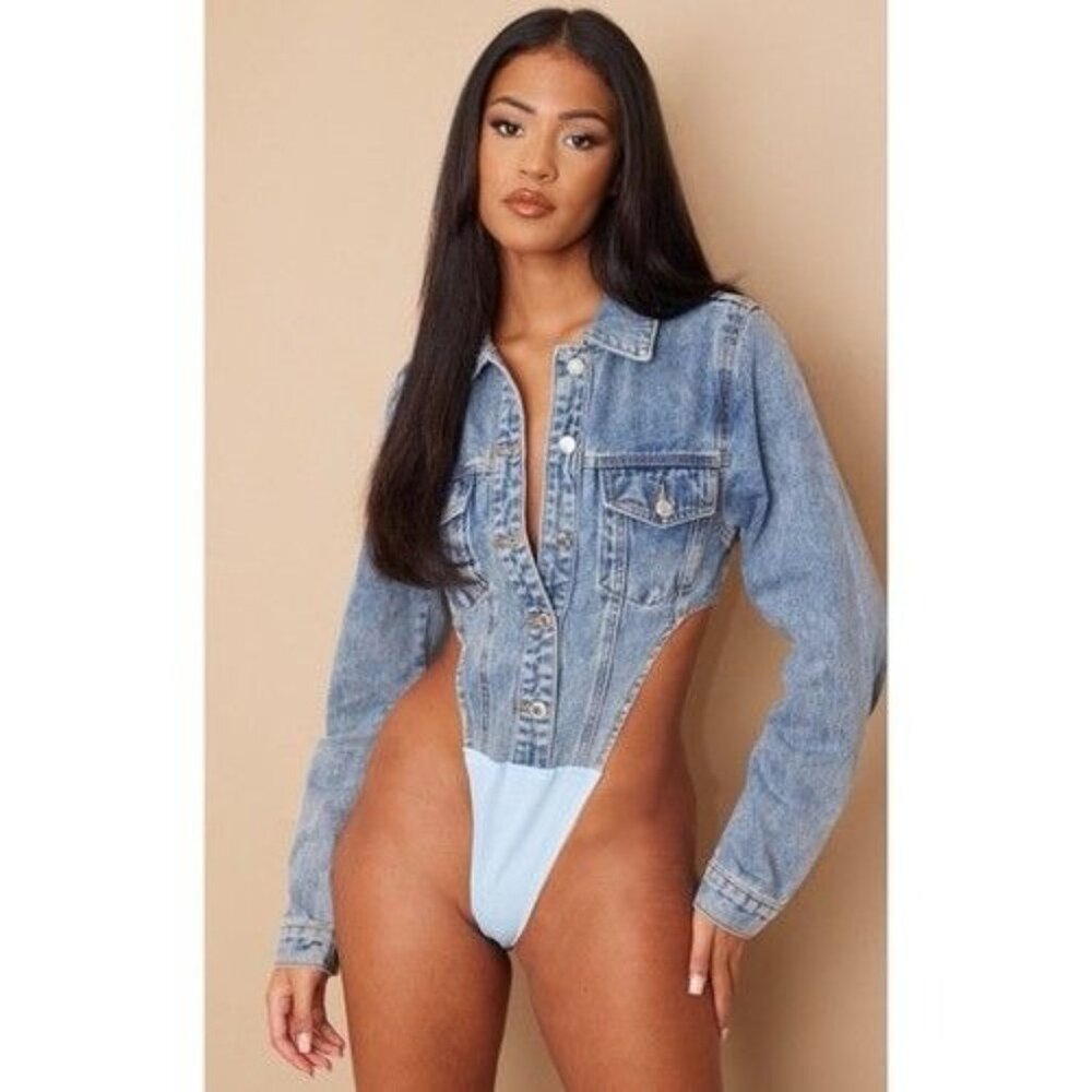NEW PrettyLittleThing WASHED BLUE POCKET FRONT DENIM JACKET HIGH SIDE BODYSUIT 2